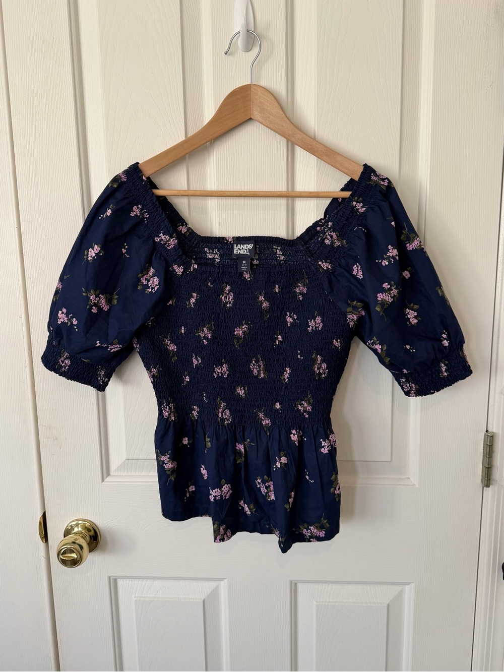 Lands' End Navy Floral Smocked Peasant Blouse